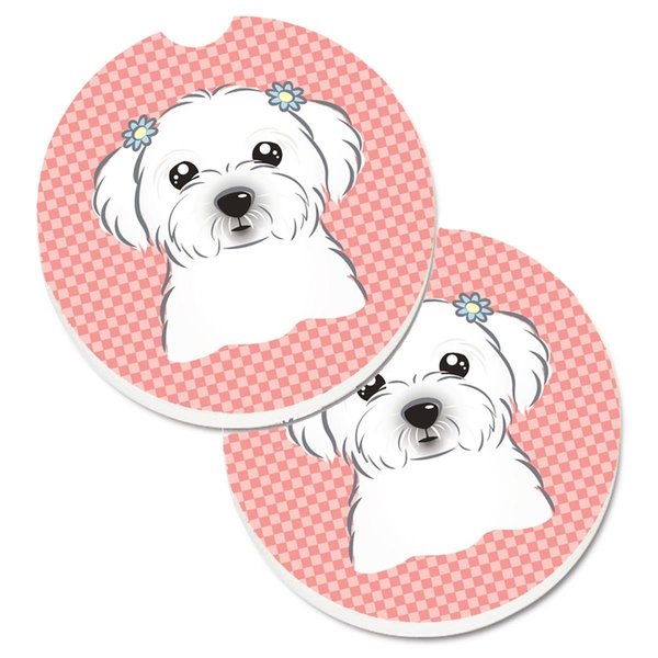 Carolines Treasures Checkerboard Pink Maltese Set of 2 Cup Holder Car Coaster BB1208CARC